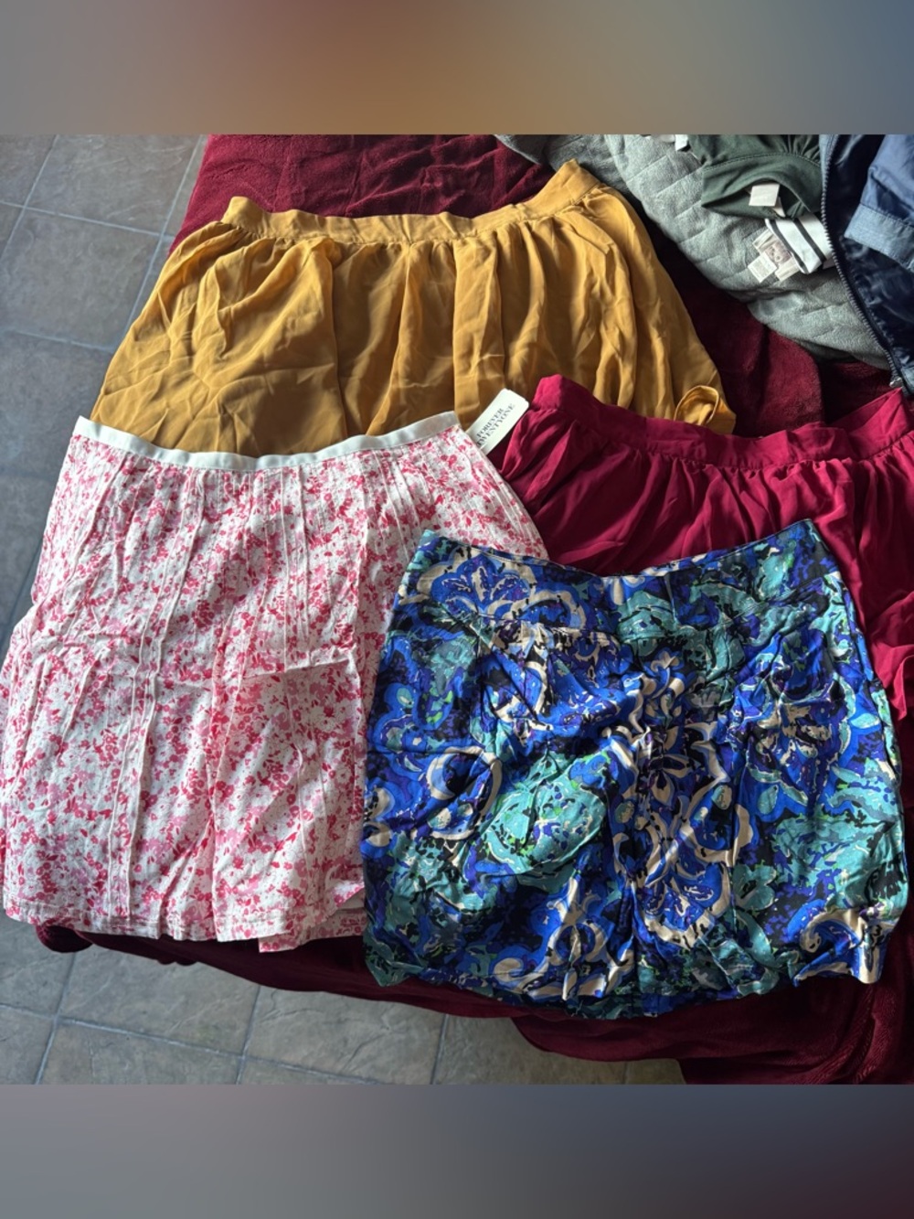 4 skirts set: Forever 21 Mustard Yellow, Burgundy, Floral, and pink A-Line Skirt